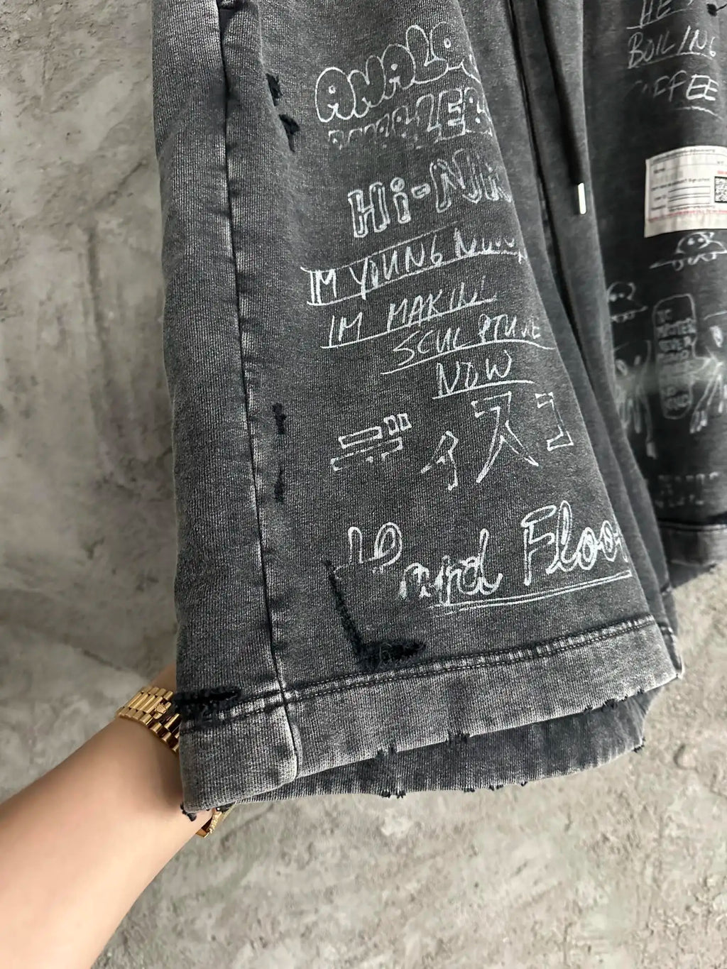 Vintage Washed Distressed Sweat Shorts Men Women Unisex American Streetwear Graffiti White Ink Digital Print Drawstring Elastic