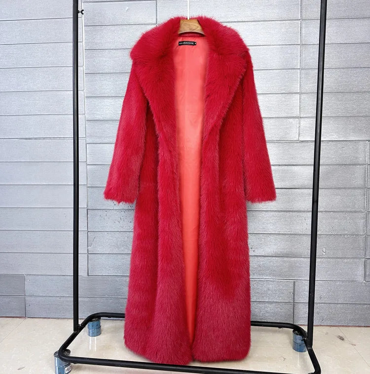 Long Faux Fur Coat Women Autumn Winter Large Jacket Overcoat White Turn Down Collar Pockets Thick Coat Warm Jackets Maxi Coats