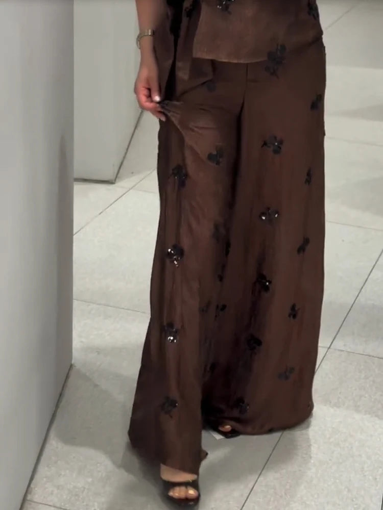 Fashion Floral Sequin 2-piece Outfit Women Tie Waist Wrap Sleeveless Top Wide Leg Pants 2026 Summer Lady Commute Street Outfits