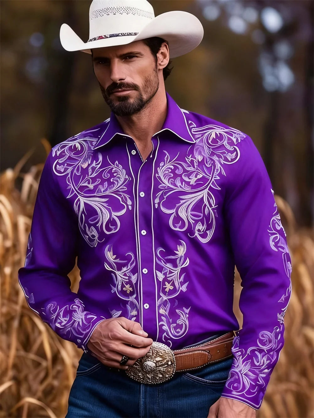 Men's Western Cowboy Style Casual Shirt with 3D Digital Printing Pattern, Vintage Holiday Casual Button Shirt
