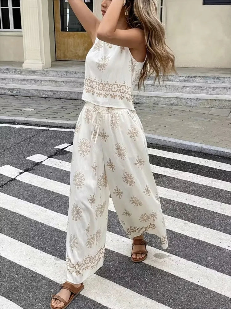 Women's Casual Pant Sets 2026 Summer Fashion Printed Streetwear Sleeveless Tank Tops Waist Loose Wide Leg Pants 2 Piece Sets