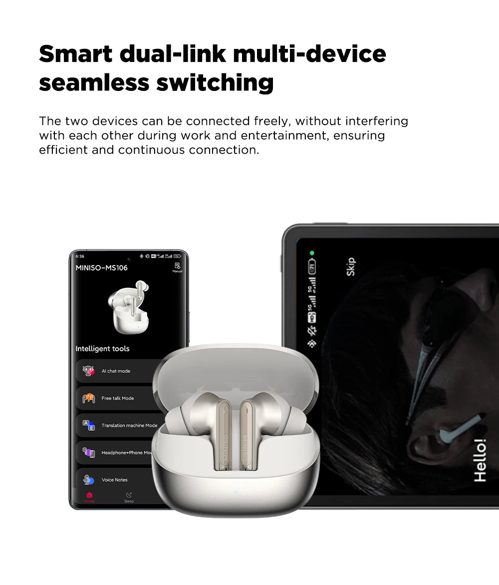 MINISO MS106 Bluetooth Earphone TWS Wireless Headphones Long Battery Life Sports Earphones Noise Reduction Comfortable Earbud