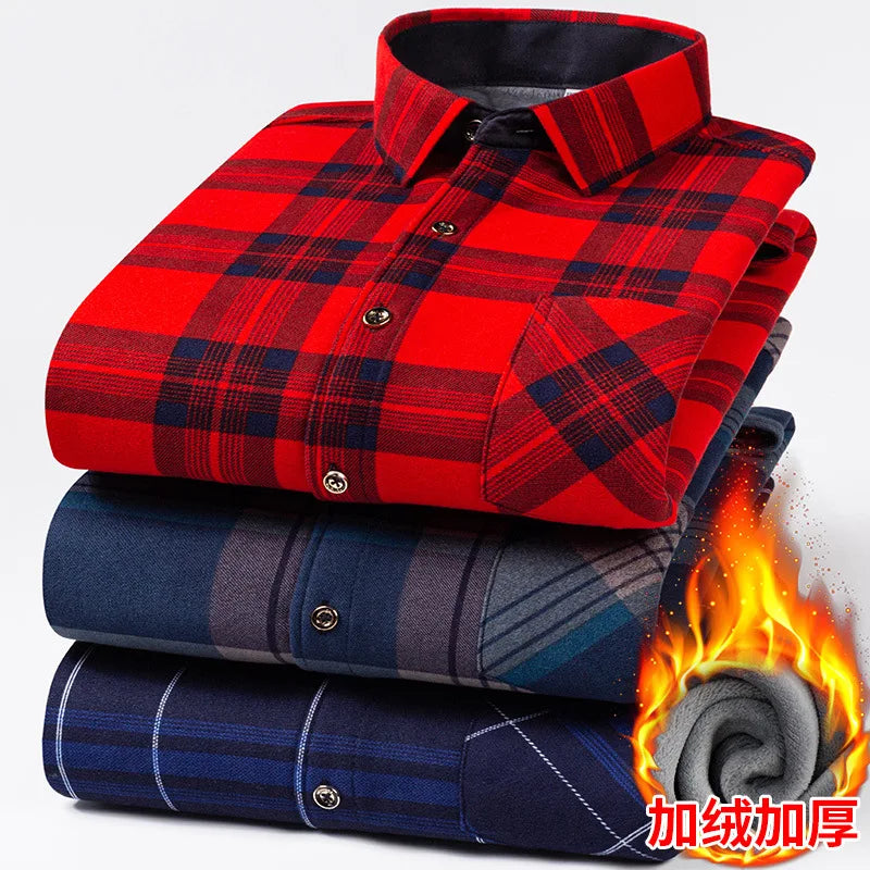 Men's Travel Casual Winter Double-Sided Fleece Warm Thickened Fleece Plaid Work Shirt Plus Size Extra Large Clothes Shirts