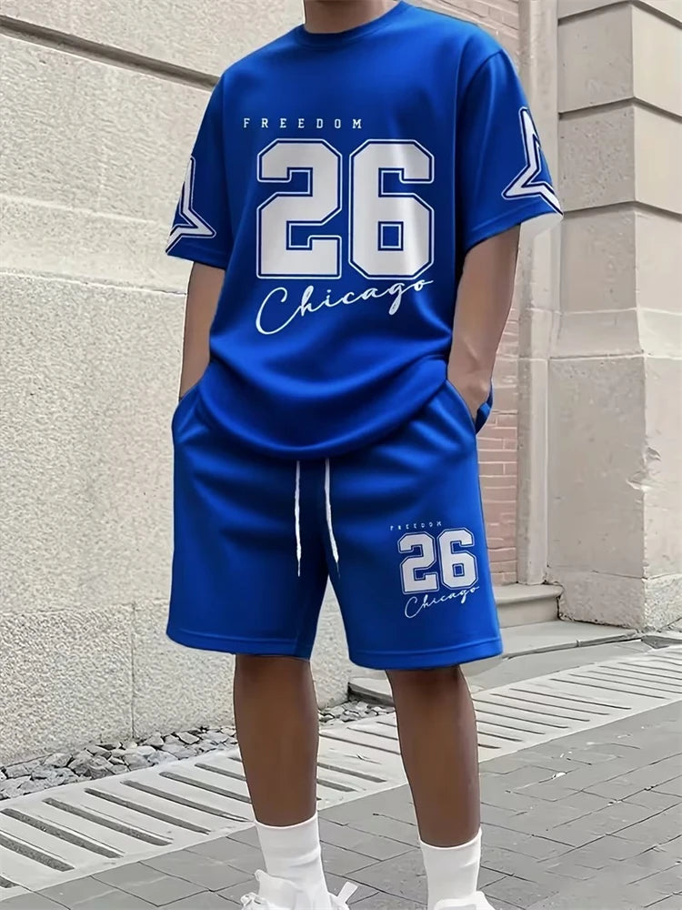 2026 New Spring/Summer Simple Letter 3D Printed Men's Casual Short-sleeved Set, Outdoor Street Fashion Trendy Men's Top And Shor