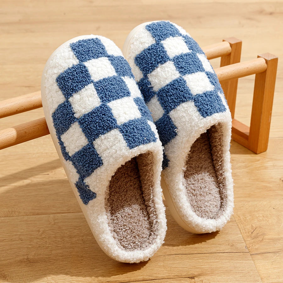 Fashion Retro Checker Women's Winter Warm Home Slippers Couple Indoor Bedroom Plush Anti-slip Soft Sole Leisure Shoes Men