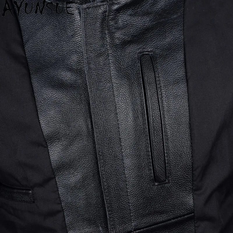 AYUNSUE Pure Cowhide Men Leather Jacket Fashion Stand Collar Short 100% Genuine Cow Leather Real Jacket Slim-fit Motorcycle Wear