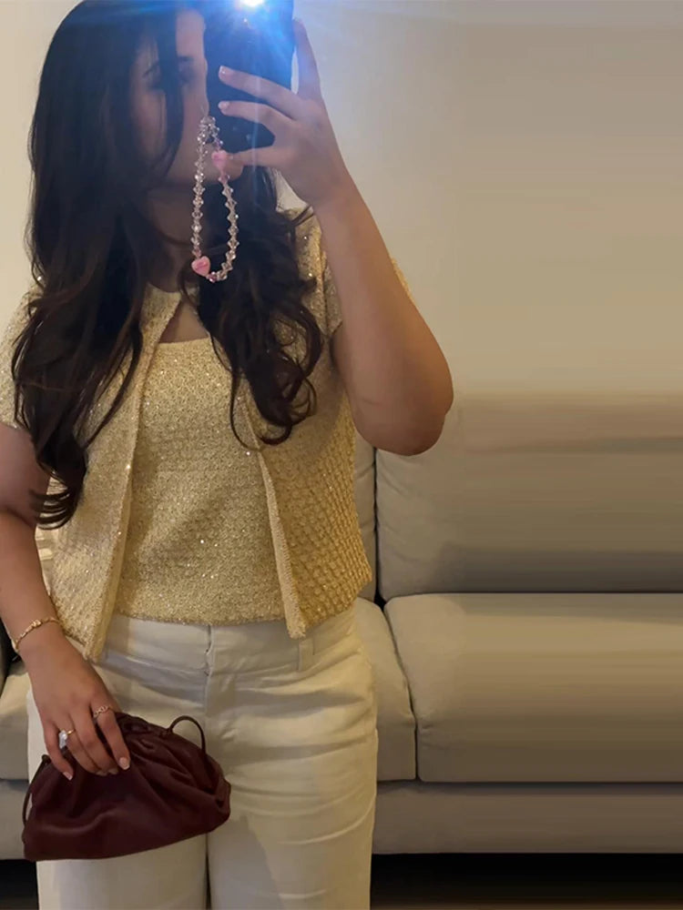 Women's Tank Tops Knitted Sequined Vests Summer Female Square Collar Sleeveless Backless Bodycon Crop Top Chic Lady Knitwear New