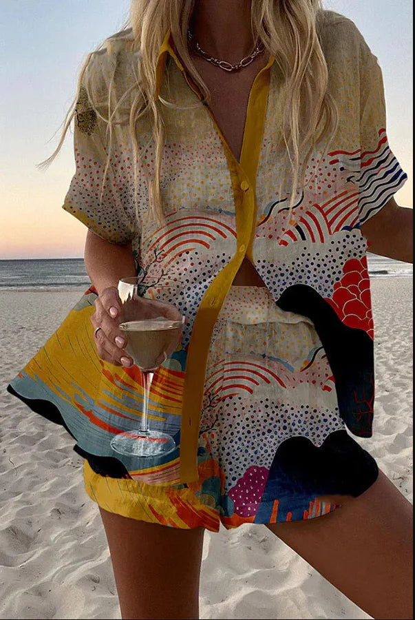 Summer New Print Beach Holiday Set For Women Fashion Short Sleeve Buttoned Shirt Wide Legs Shorts Oversized Two Piece Set