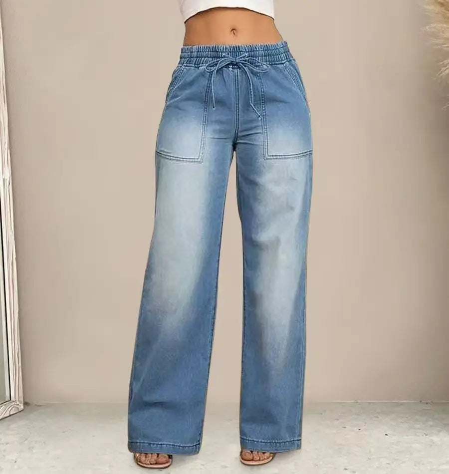 Women Jeans Vintage Denim Pant Elastic Waist Lace Up Wide Leg Long Pants Straight Trousers Y2k Streetwear Splice Work Spring
