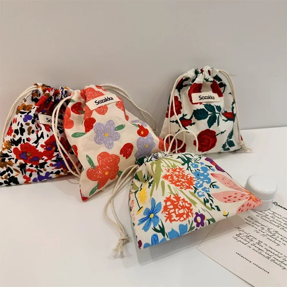 Kawaii Cloth Floral Drawstring Storage Bag Cosmetic Organizer for Women Makeup Handbags Wallet Small Pouch