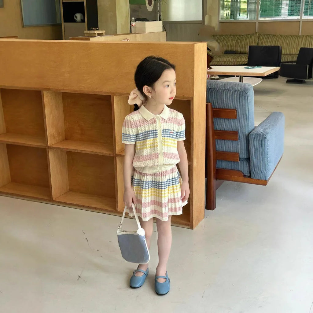 Girls Suit 2025 Summer New Childrens Clothing Korean Style Girl Baby Stripe Tie-in Color Cardigan Skirt Two Sets of Casual Daily