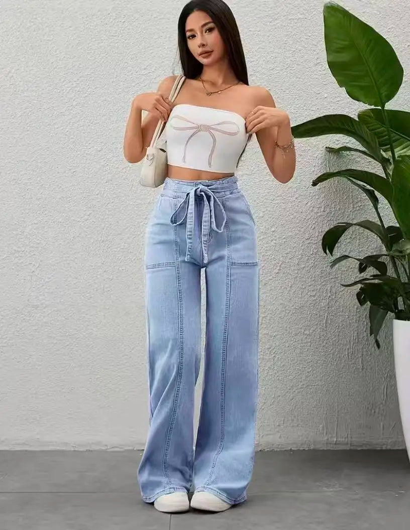 High Waist Belted Wide Leg Pants for Women with Large Patch Pockets And Splicing Stitching Design