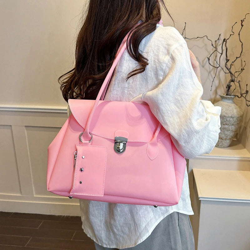 Korean Style Flap Jelly Tote Bag Large Capacity Commuter Shoulder Bag Underarm Handbag Soft Candy Color Casual Daily Work Bag