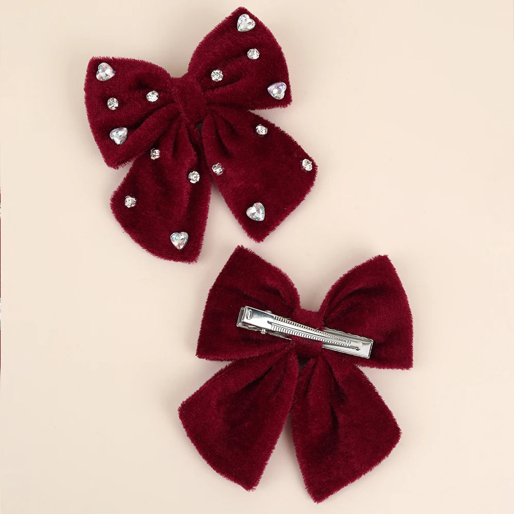 Velvet Bow Hair Clips with Heart Rhinestone Detail, 2-Pack