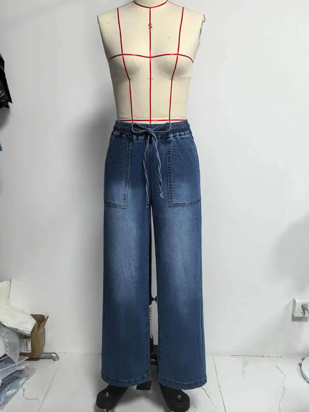 Women Jeans Vintage Denim Pant Elastic Waist Lace Up Wide Leg Long Pants Straight Trousers Y2k Streetwear Splice Work Spring