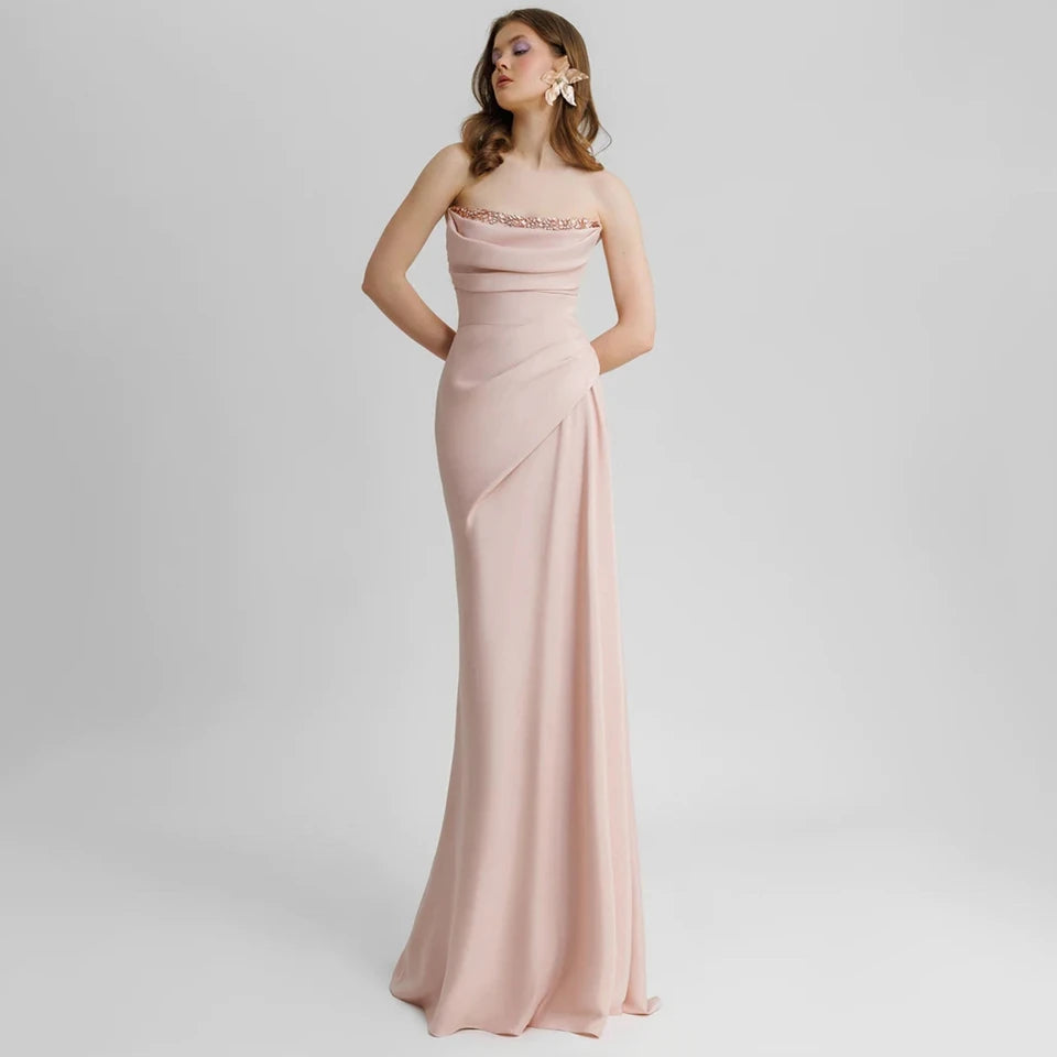Elegant Pink Backless Strapless Crystal Sleeveless Evening Dress 2026 Mermaid Floor Length Sweep Train Stain Zipper Prom Dress