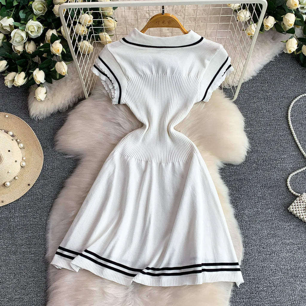 Summer Women Sweet Strechy Sundress Turndown Collar Short Sleeve Knitted Dress Lace Up Bow High Waist A-line Mini Dress