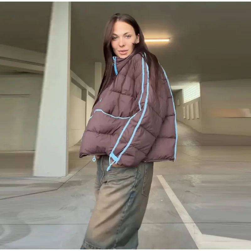 Casual Contrasted Color Women's Cotton Coats Zippers Stand Collar Loose Lady Thicken Jackets 2026 Autumn Winter Female Tops New