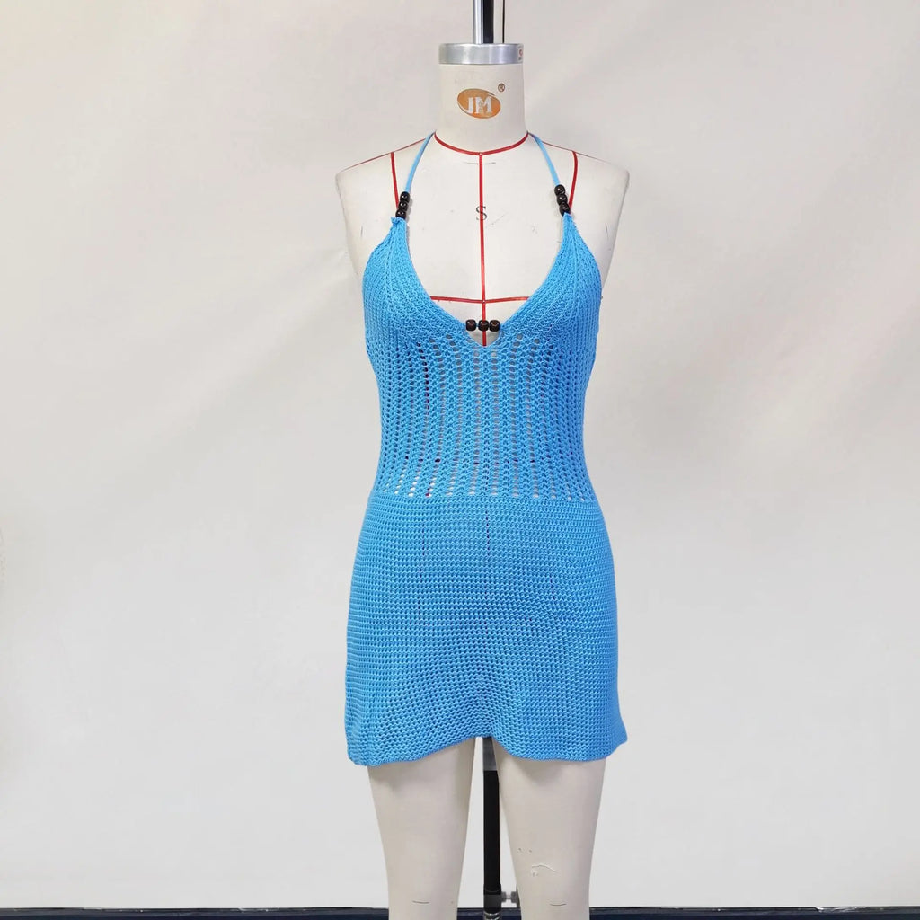 2026 Women's Sexy Hollow-Out Backpack Hip-Revealing Halter Neck Suspender Strap Knit Beach Dress Women Dress Elegant Fashion