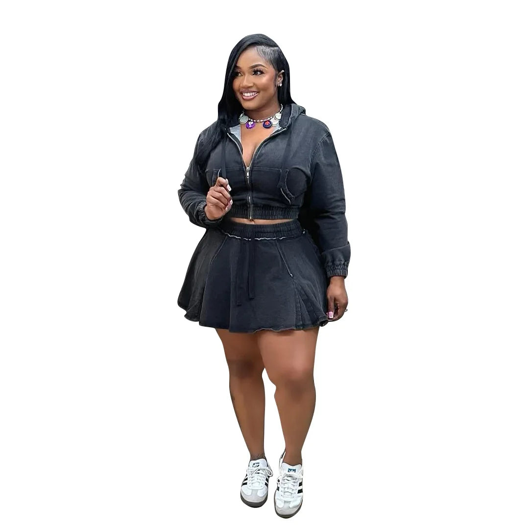New TS1325 Women's Casual Washed Denim Short Skirt Set Fashionable Autumn Season Leisure Style Unisex Work Uniform Student Sc...