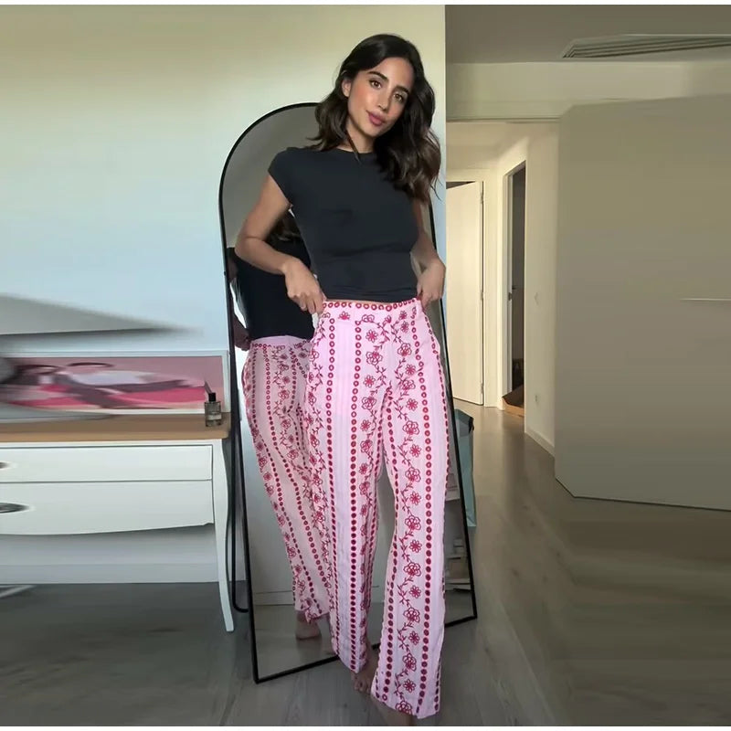 Hollow out Embroidery Long Pants Woman High Waist Flower Loose Straight Versatile Trousers Casual Street Lady New Fashion Pants