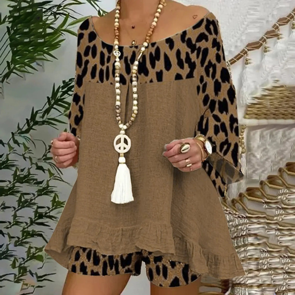 Summer Vintage Leopard Patchwork Outfits Set Cotton Linen Shirt Tops And Loose Shorts Suit Casual 3/4 Sleeve Women Two Piece Set