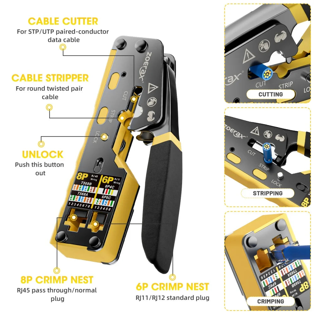 ZoeRax RJ45 Crimping Tool Pass Through Crimper for Cat6/5e/5 Ethernet Connector All-in-one Wire Tool With Replacement Blade