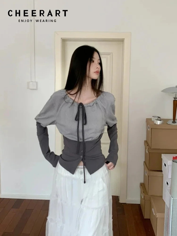 CHEERART Fall 2025 Designer Patchwork Long Sleeve Top And Blouse Autumn Clothing Woman Drawstring Tie Neck Fashion Clothes