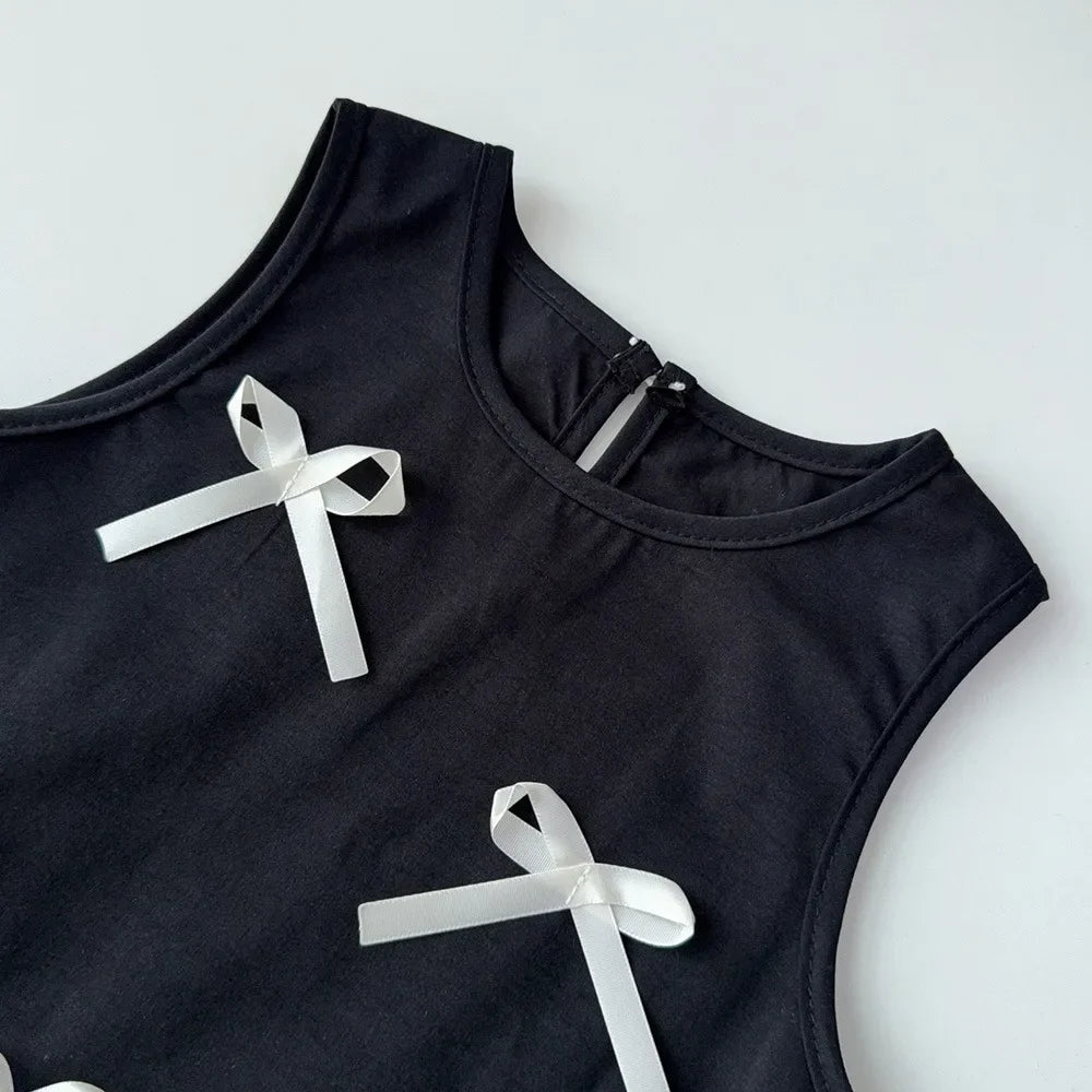 Black Bow Decoration Girls Dress Summer Sleeveless Princess Dresses Color Blocked Children's Clothing 3 To 7 Years Wear