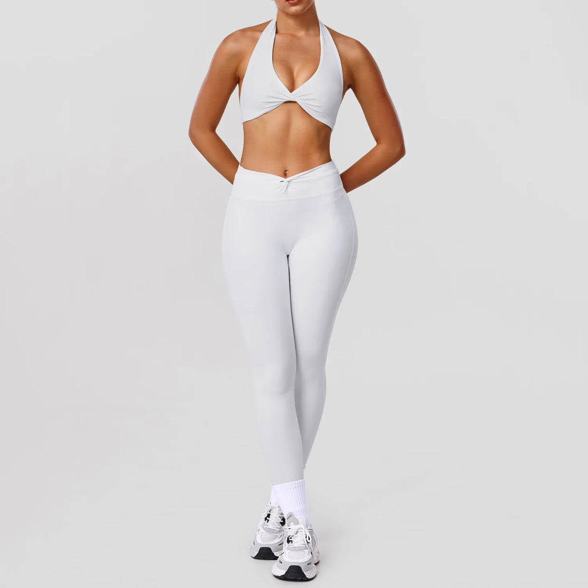 Greenora 2PCS Set Y2K Halter Neck Sports Bra Leggings Trendy Cross Waist Yoga Tracksuit Women Aesthetic White Fitness Activewear