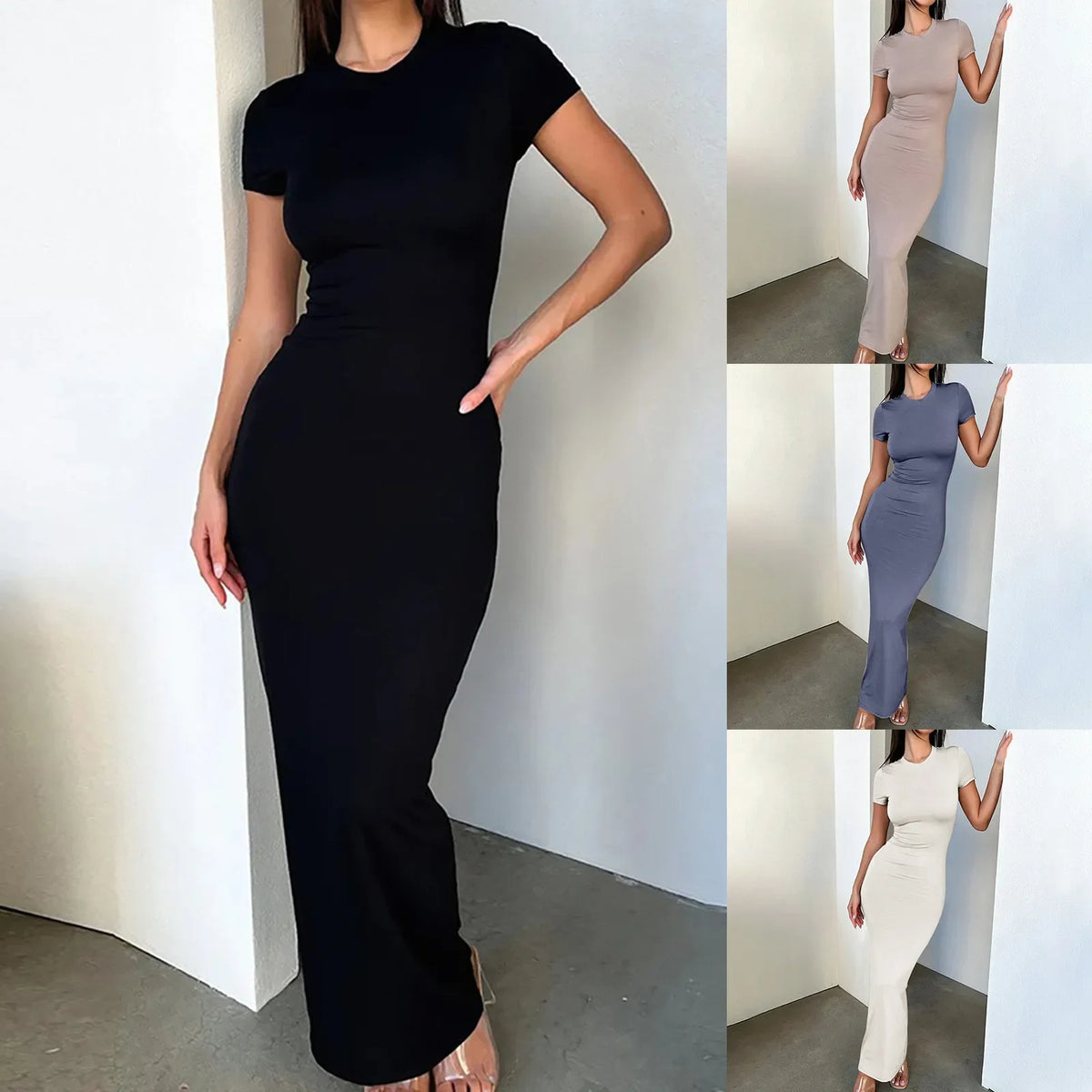 Sexy Skinny Women's Bodycon Party Casual Fashion O-neck Short Sleeve Solid Color Wraped Hip Package LongFemale Sexy Fit Dresses