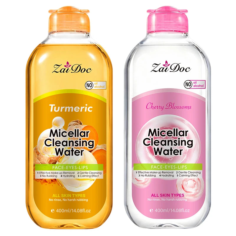 ZaiDoc Turmeric/Cherry Blossom Micellar Cleansing Water Makeup Remover No Rinse No Rubbing All Skin Types Face Eyes Lips 400ml Each