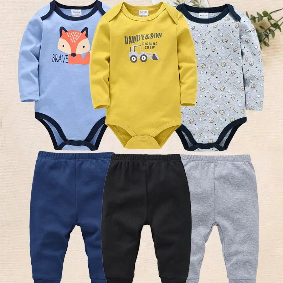 3/6 PCS Baby Clothes Newborn Bebe Boys Romper Set Long Sleeve 100% Cotton Kids Bodysuit Jumpsuit Pants Clothing 3~24M