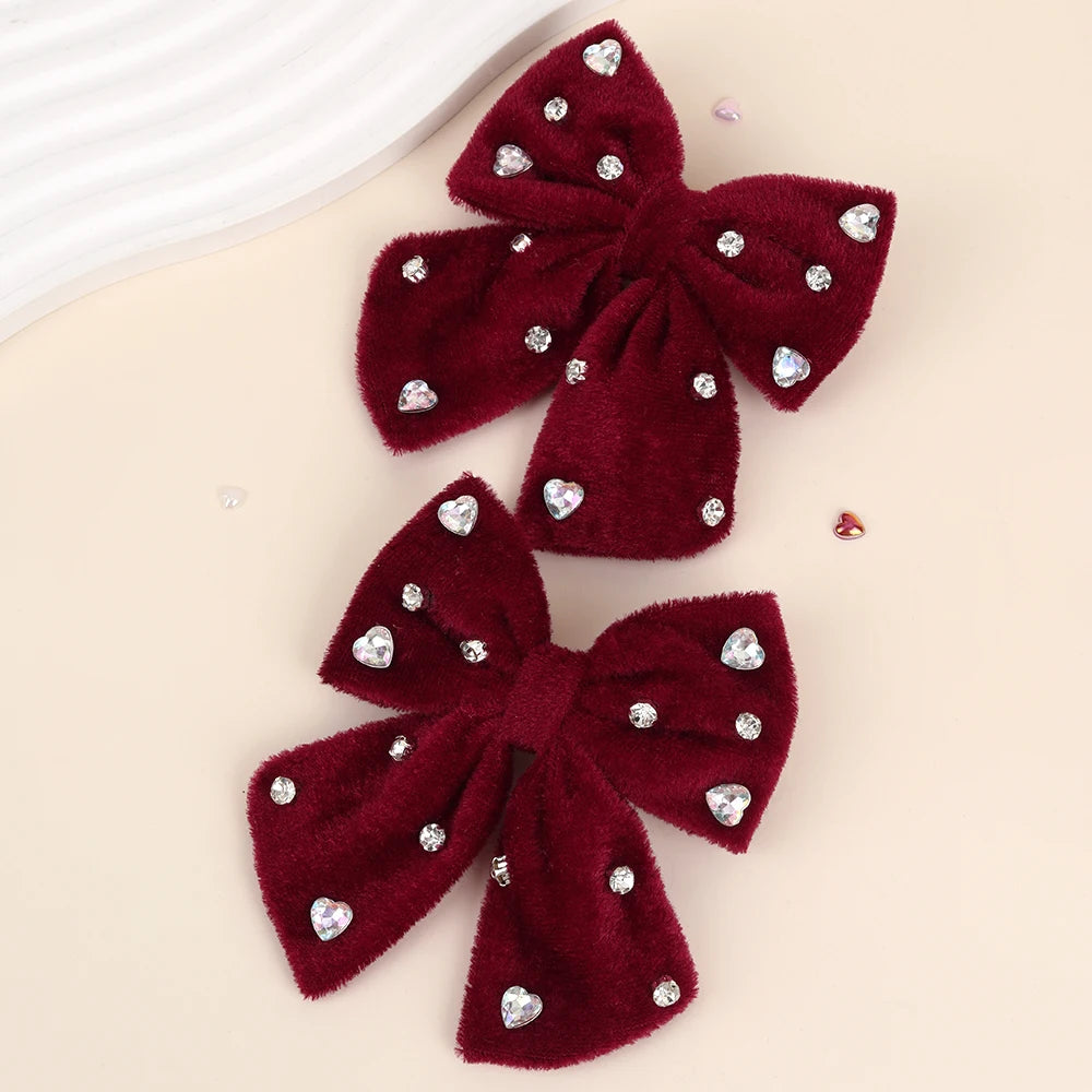 Velvet Bow Hair Clips with Heart Rhinestone Detail, 2-Pack