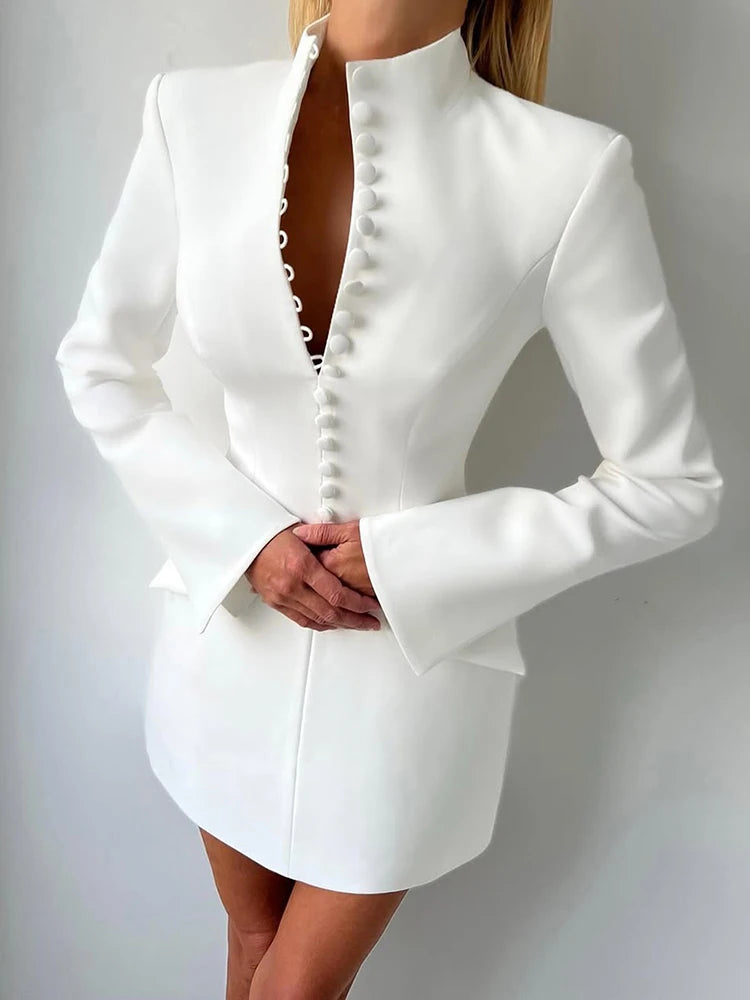 Nibber Elegant Fashion Office Style Dress Woman Button Pocket Decoration Stand Collar Simple Full Sleeve Casual Mini Bodycon
