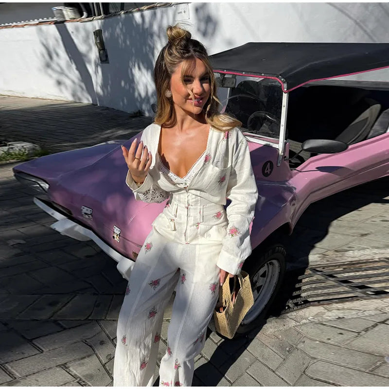 Casual Women's Jumpsuit V-neck Full Sleeve Zipper Straight Print Floral Female Jumpsuits 2026 Summer Fashion Chic Lady Outfit