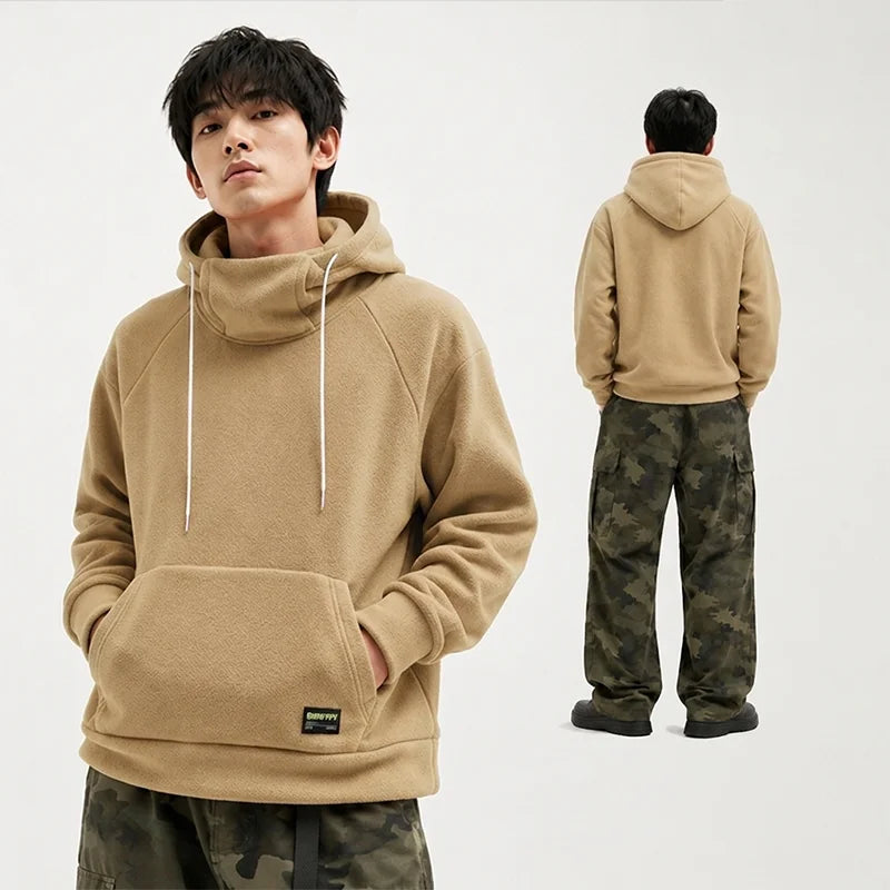 Men's Polar Fleece Sweatshirt Solid Color Street Style Autumn Winter Men Hood Sports Windproof Oversized High Collar Hoodie 5XL
