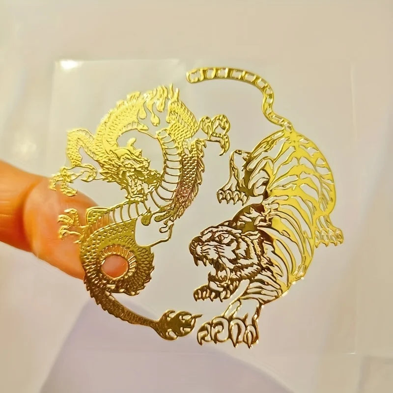 1 Piece Dragon Vs Tiger Metal Sticker - Gold Color, Irregular Shape, Durable Plastic, Glossy Surface, Suitable for Mobile Phones, Laptops, Cars, Motorcycles, Temporary Decorative Stickers, Vibrant Design, Glossy Surface Stick