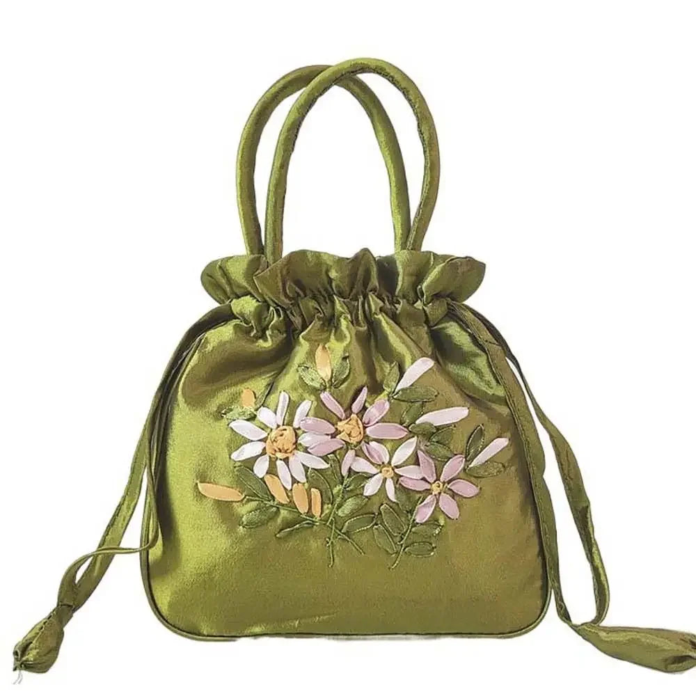 Retro Elegant Satin Silk Embroidery Totes for Women Floral Drawstring Handbag Hanfu Woman Purse Wallet Small Tote Bags
