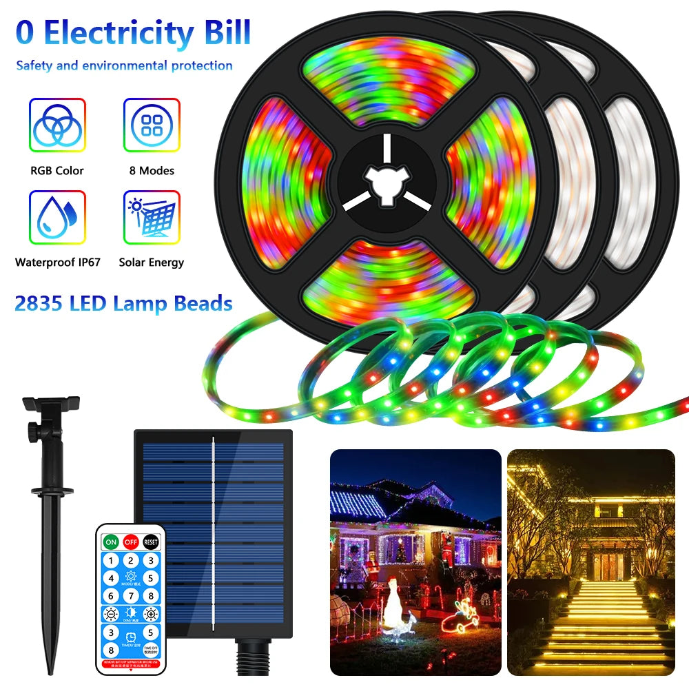 Solar LED Strip Light 8 Modes Fairy Lights Atmosphere IP67 Waterproof 5M 10M Wall Decoration Solar Lamp Christmas Colorful