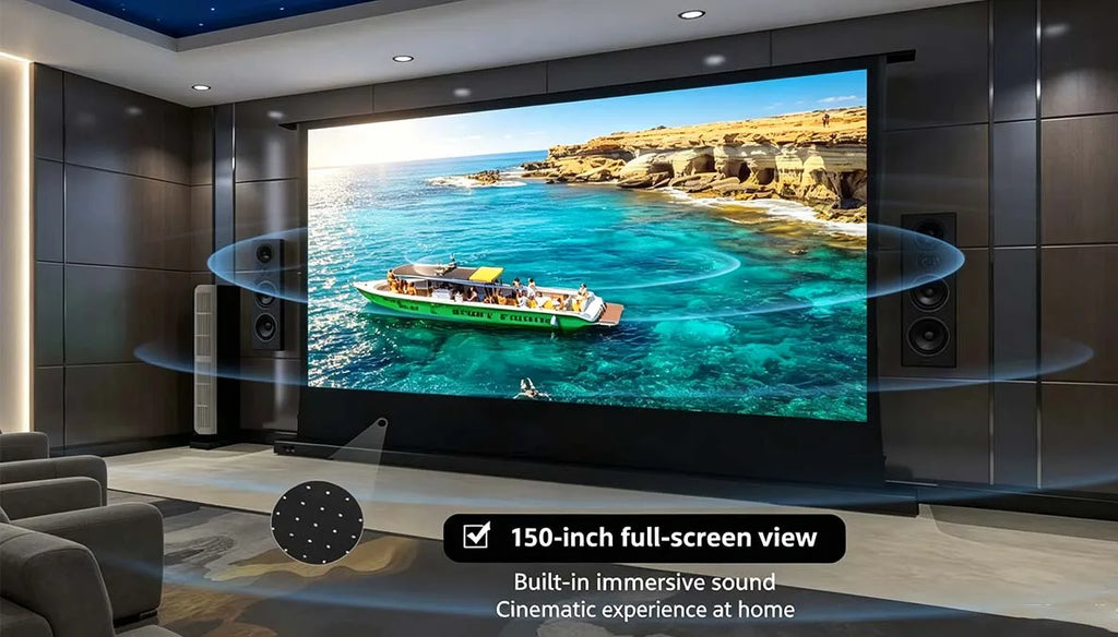 Motorized Floor Rising ALR Acoustic Transparent Projector Screen, 8K High Contrast Perforated Short Throw Home Theater Screen