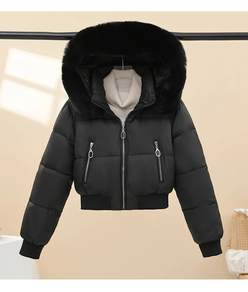 American Waistedn Big Fur Collar Hooded Short Cotton Coat for Women Winter New Fashionable Hat Detachable Casual Slimming Jacket