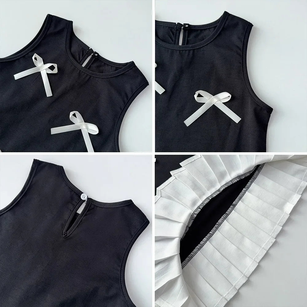 Black Bow Decoration Girls Dress Summer Sleeveless Princess Dresses Color Blocked Children's Clothing 3 To 7 Years Wear