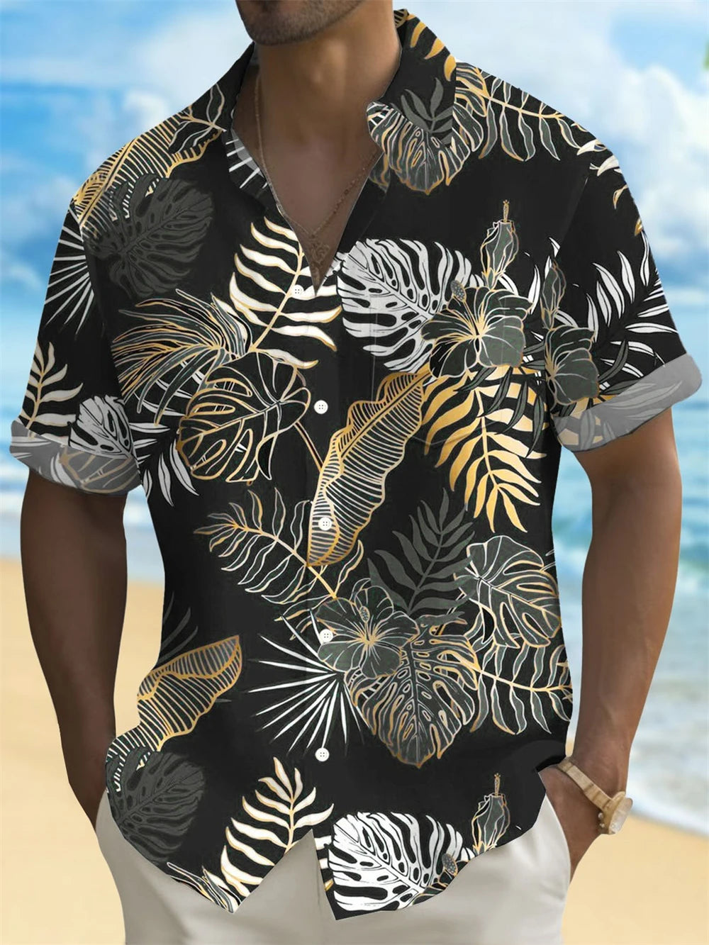 Hawaiian Plant Golden Leaves 3D Print Men's Hawaiian Shirt Outdoor Street Casual Summer Turndown Short Sleeve Polyester Shirt