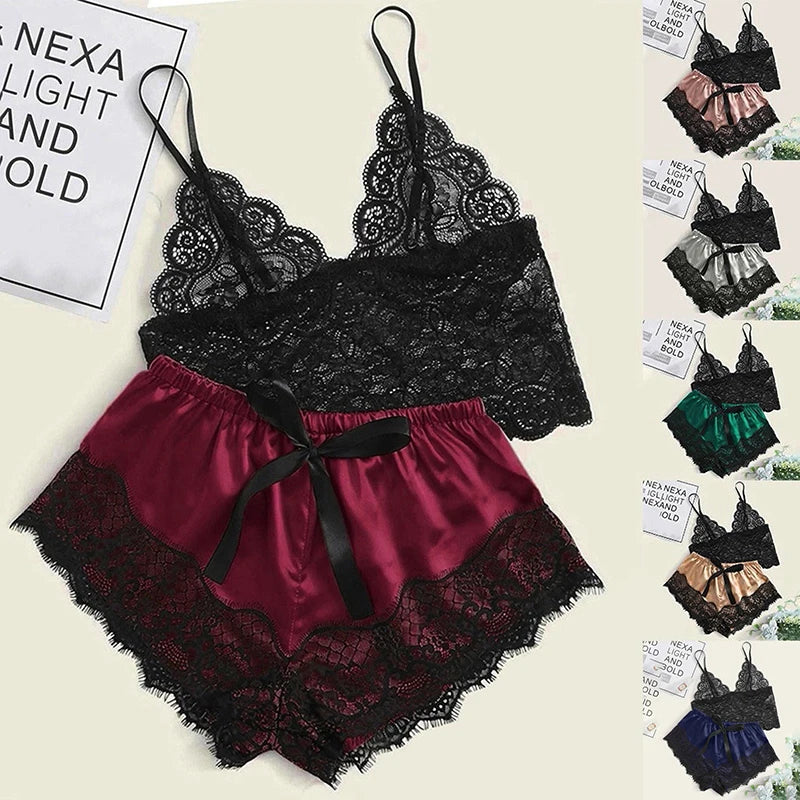 Women's Lace Pajama Set – Crop Top & Shorts