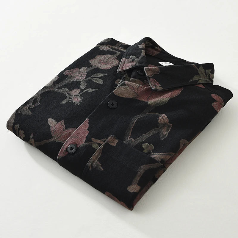2025 Autumn New Casual Floral Print Shirt for Men Cotton Loose Long Sleeve Rose Denim Shirts Fashion Men's Clothing