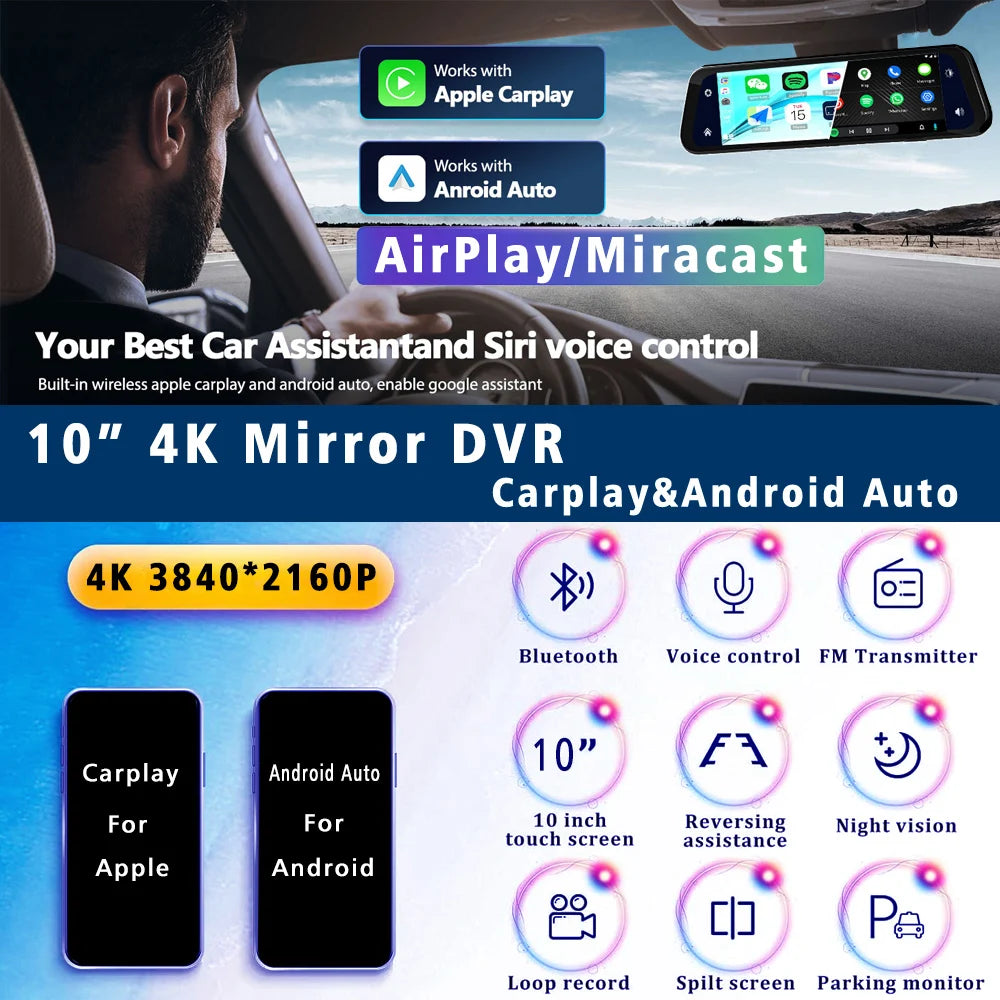 4K Dual-Lens Dash Cam with GPS, Wi-Fi & CarPlay