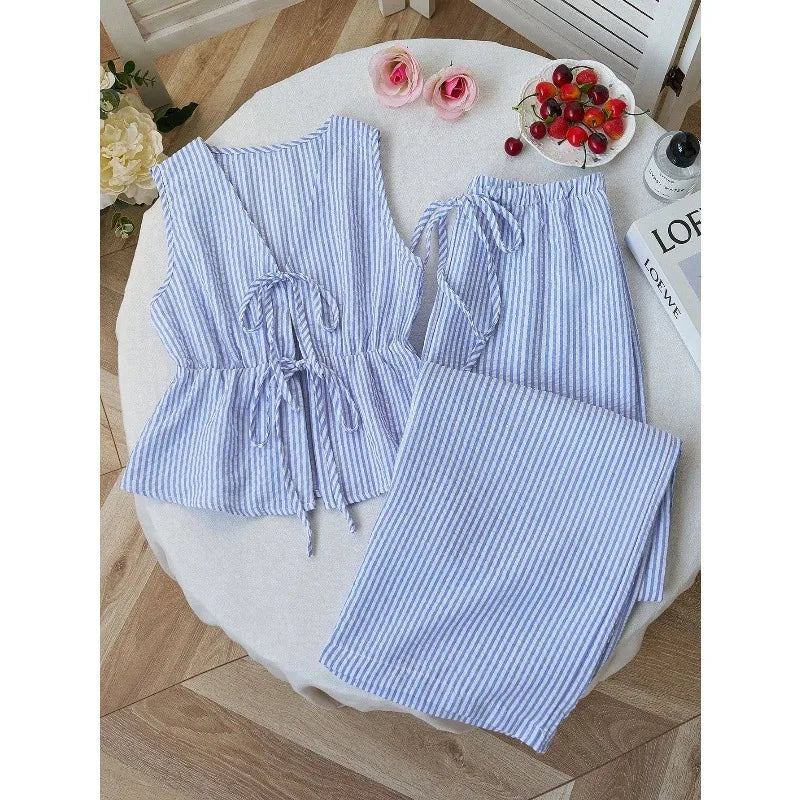 Summer Solid Color Tie Pants Set Stripe Casual Sweet Versatile Loose Comfortable Vacation Daily Two Piece Set