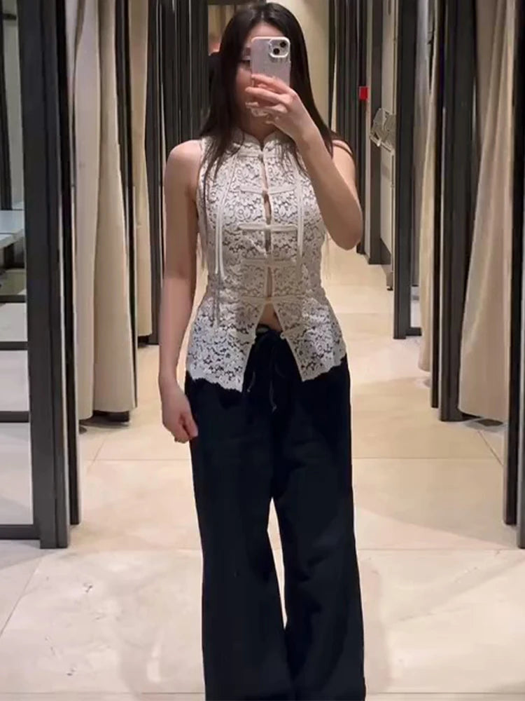 White Lace Cheongsam Style Top Sleeveless Frog Button Sheer Blouse 2026 Summer Fashion Elegant Casual Chic Streetwear Women Item
