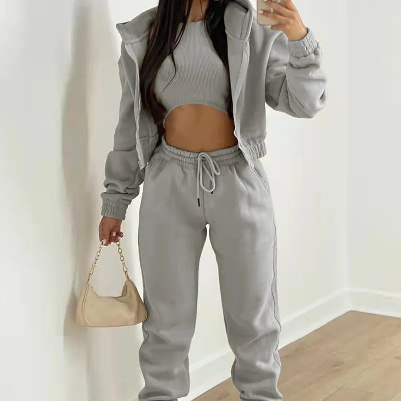 Ladies Tracksuit Zippered Hooded Jogger Tracksuit Thermal Lined Trousers Tracksuit Fashionable Athleisure Cozy Ensemble